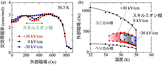 電場下における交流帯磁率の磁場依存性と温度磁場相図の画像