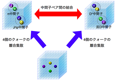 ハドロンの間に働く力と結合を大規模数値シミュレーションから導出する方法の図