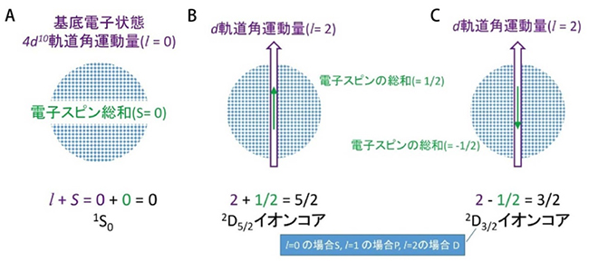 パラジウム（Pd）原子の基底電子状態の核スピンと2種類のイオンコアの図
