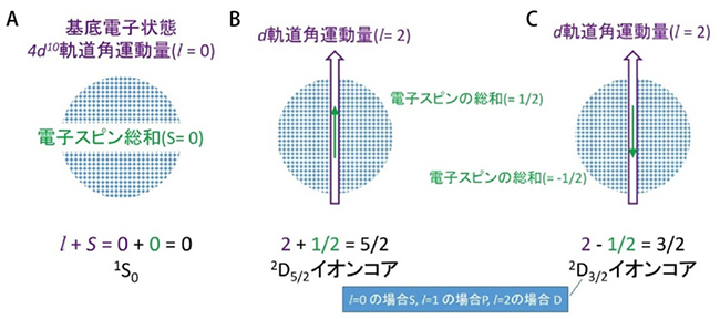 パラジウム(Pd)原子の基底電子状態の核スピンと2種類のイオンコアの図