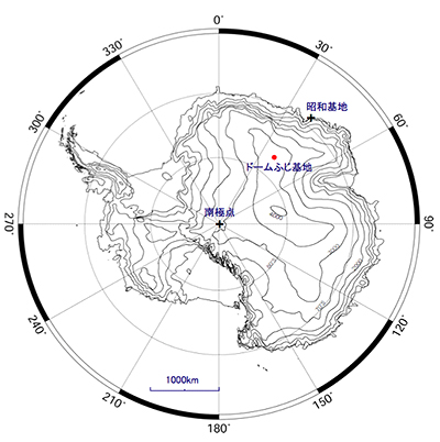 南極大陸とドームふじ基地の位置の図