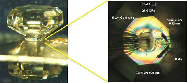 ダイヤモンドアンビルセルの外観とセル内の画像の図