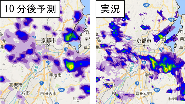 10分後の降水分布予報と実況の比較図