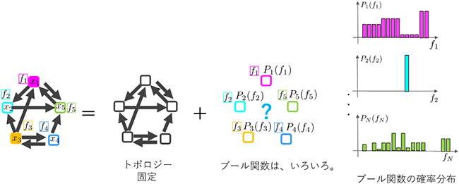 ブーリアンネットワークのブール関数を確率分布に従って割り振る概念図の画像