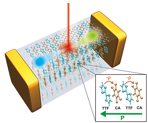 TTF-CAの分子構造とシフト電流発生の概念図の画像