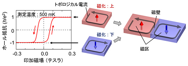量子異常ホール状態での試料端と磁壁に生じるトポロジカル電流の図