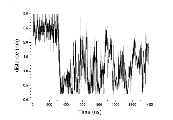 MDシミュレーション中での荷電性残基間の距離の経時変化の一例の図