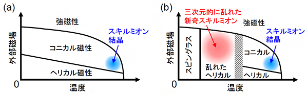 (a)従来のスキルミオン相図と(b)本研究で発見した新しいスキルミオン相図の模式図の画像