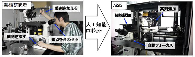 熟練研究者（左）の10倍以上の効率で1分子イメージング解析が可能にの図