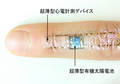 太陽電池駆動の皮膚貼付け型心電計測デバイスを指に貼りつけた様子の図