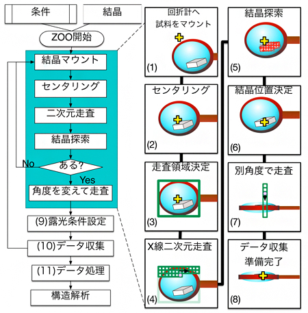 ZOOシステムを利用した自動測定スキームの一例（単点露光実験の工程）の図