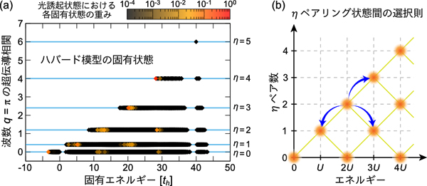 ハバード模型の固有状態分布とηペアリング状態間に対する選択則の模式図の画像