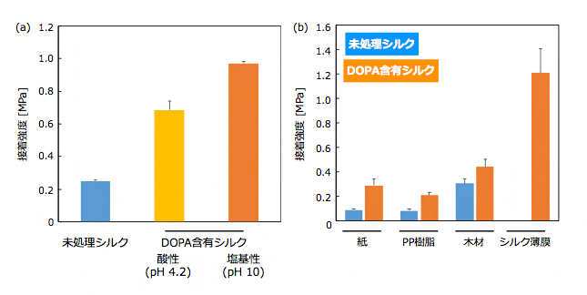 DOPA含有シルクの接着性評価の図