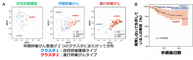 教師なしランダムフォレスト法による卵巣がんクラスタリングと予後との関連の図