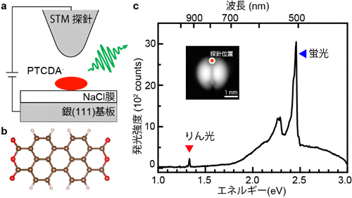 実験の概念図とPTCDAのSTM発光スペクトルの図