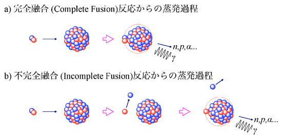 重い原子核と重陽子の完全融合反応過程と不完全融合反応の比較の図