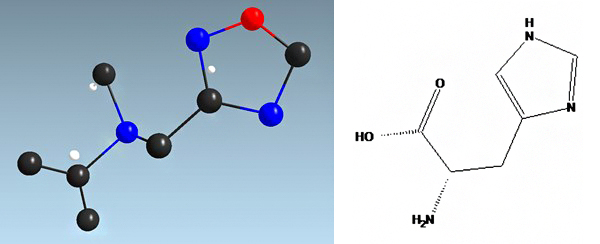 L-ヒスチジンの構造式と電子回折を用いて得られた初期構造の図