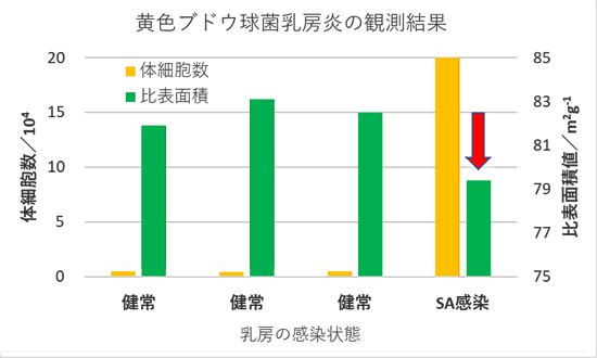 黄色ブドウ球菌に感染した乳房と健常乳房における乳汁の体細胞数と比表面積値の観測例の図