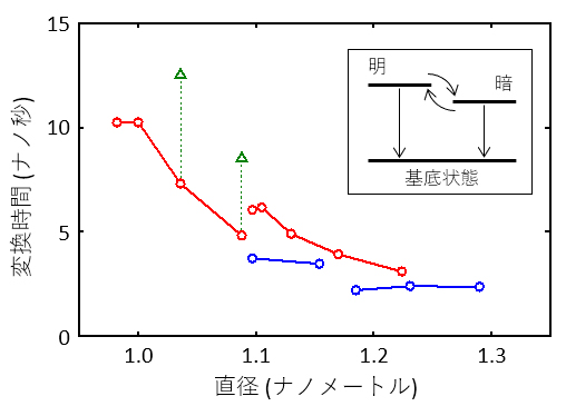 励起子状態の変換時間の直径依存性の図