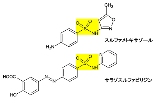 スルファメトキサゾールとサラゾスルファピリジンの化学構造式の図