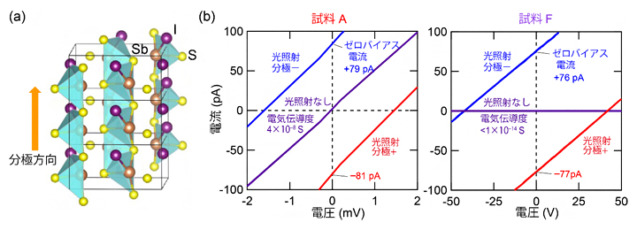 強誘電半導体の硫化ヨウ化アンチモン（SbSI）における光起電力効果の図