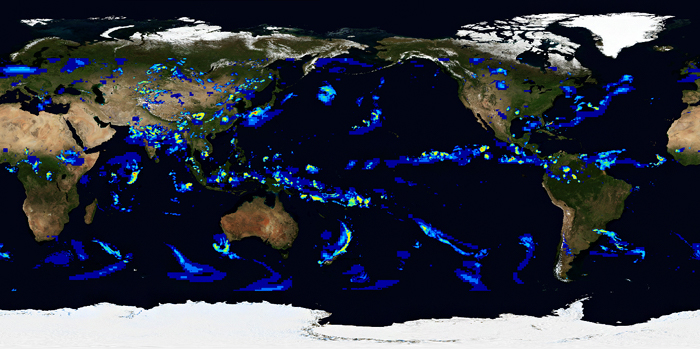 降水ナウキャストと数値天気予報を統合した高精度降水予測の全球分布図の画像