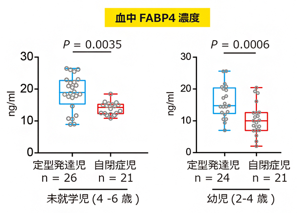 定型発達児および自閉症児の血中FABP4濃度の図