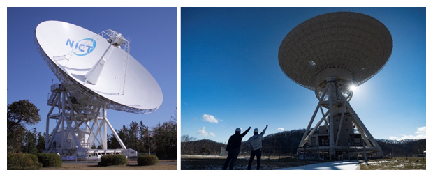鹿島の34m電波望遠鏡（左、提供：NICT）と臼田の64m電波望遠鏡（提供：JAXA）の図