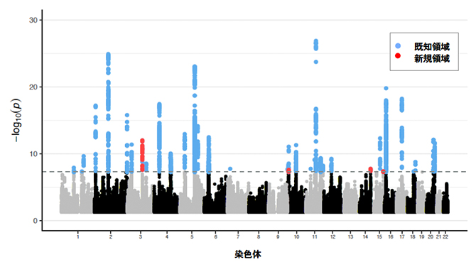 日本人とUKバイオバンクデータのメタ解析のマンハッタンプロットの図