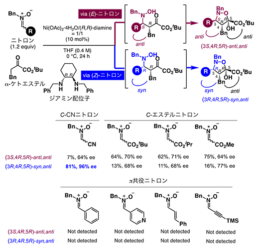 （3+2）環化付加型反応におけるニトロンの置換基（R）の検討の図