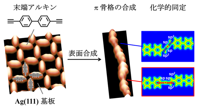 表面合成によって生成したπ骨格と単一化学結合レベルでの同定の図