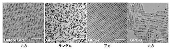 GPC処理前後におけるPbS量子ドットのTEM写真と配列様式の変化の図