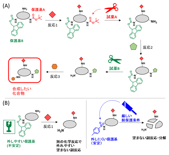 有機合成における保護基の利用とこれまでに開発された保護基の問題点の図