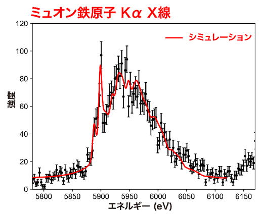 ミュオン鉄原子形成過程のシミュレーション結果と実験結果の比較の図