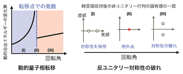 動的量子相転移（左）と反ユニタリー対称性の破れ（右）の概念図の画像