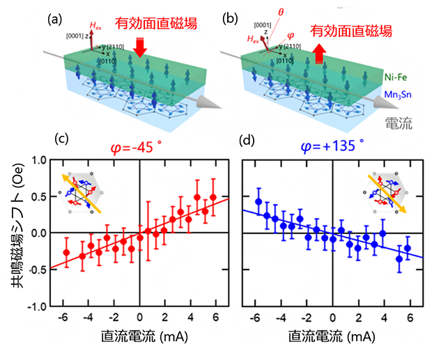 Mn3Snの磁化方向に依存したスピン蓄積と有効面直磁場の図