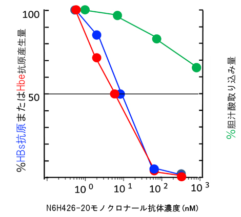 試験管内でのN6HB426-20 mAbによるHBV感染抑制と胆汁酸の取り込み阻害の図