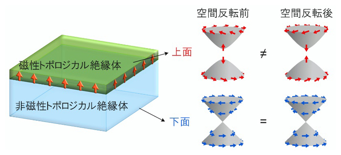 積層構造（左）と磁性トポロジカル絶縁体表面に生じるパリティ異常の図