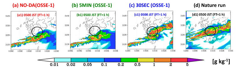 2020年7月4日午前4時（日本時間）を初期時刻とした1時間先の雨粒量の水平分布の図