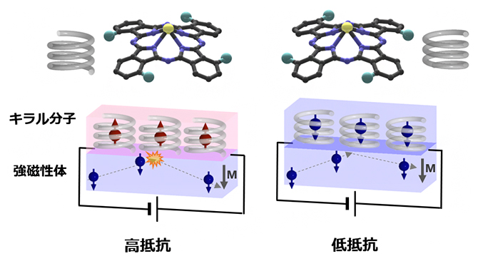 キラル分子を用いた磁気抵抗デバイスの図