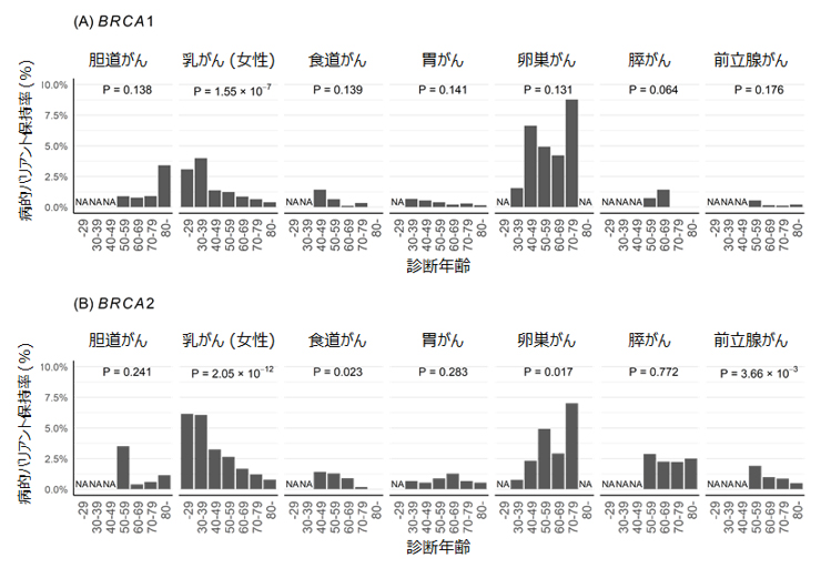 診断年齢別のBRCA1/2遺伝子に関係する病的バリアント保持率の図