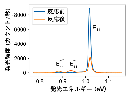 同一カーボンナノチューブにおける反応前後の発光スペクトルの図