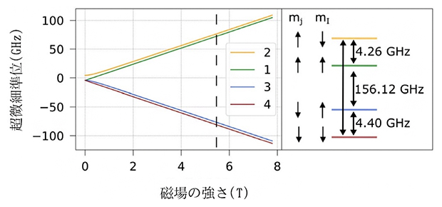 3He+の超微細準位の磁場強度依存性の図