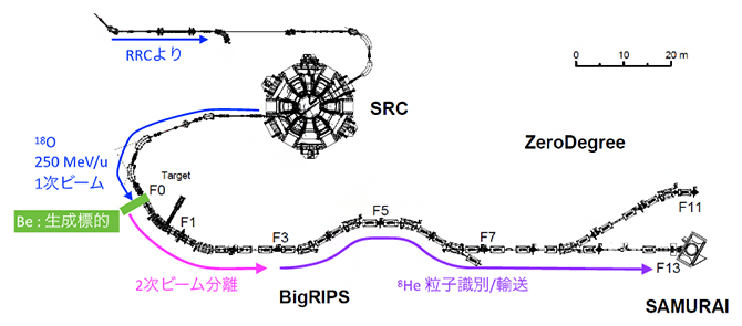 RIBFのSRC-BigRIPSおよびSAMURAIの鳥瞰図の画像