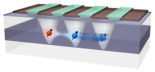 単一電子スピンシャトルによる離れたシリコン量子ビット間の量子接続手法の図