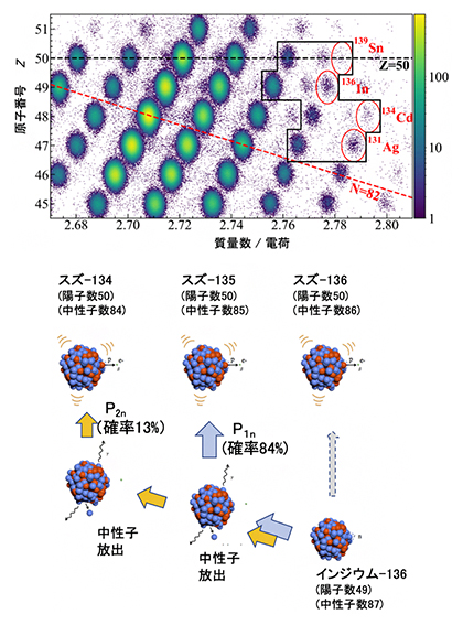 生成されたRIの粒子識別結果と中性子を2個放出する現象の例の図