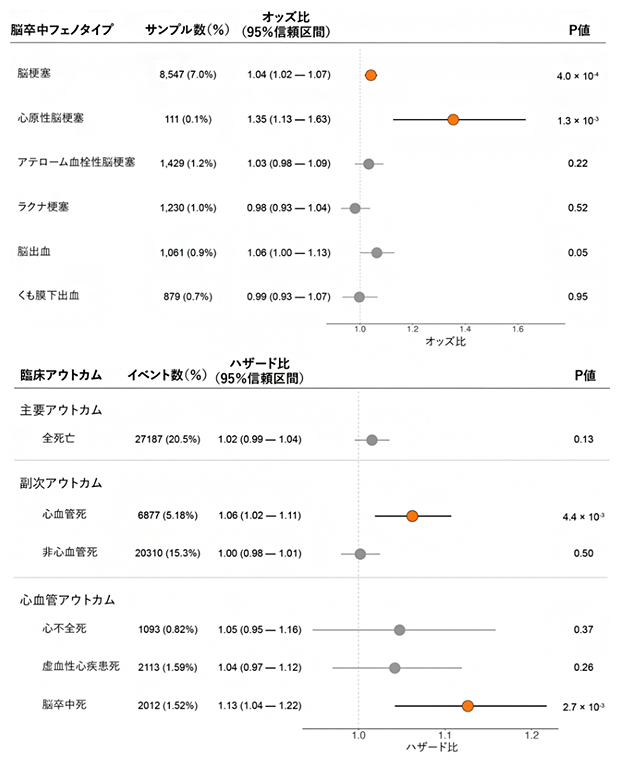 心房細動PRSと脳卒中フェノタイプ（上段）、臨床アウトカム（下段）の関連の図