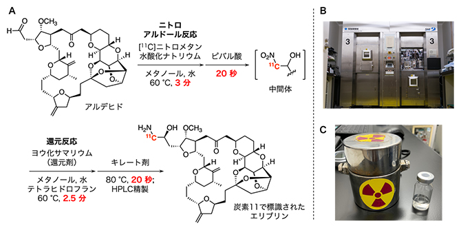 11Cで標識されたエリブリンの化学合成の図