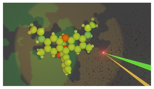 XFEL（黄色線）と電子線（緑線）による微小結晶（輝点）構造解析のイメージの図