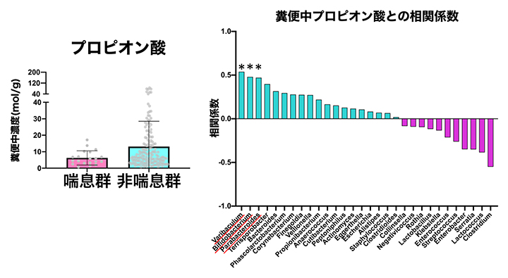 ヒト出生コホートにおける糞便中メタボローム解析（左）と16S rRNA菌叢を用いた相関解析（右）の図